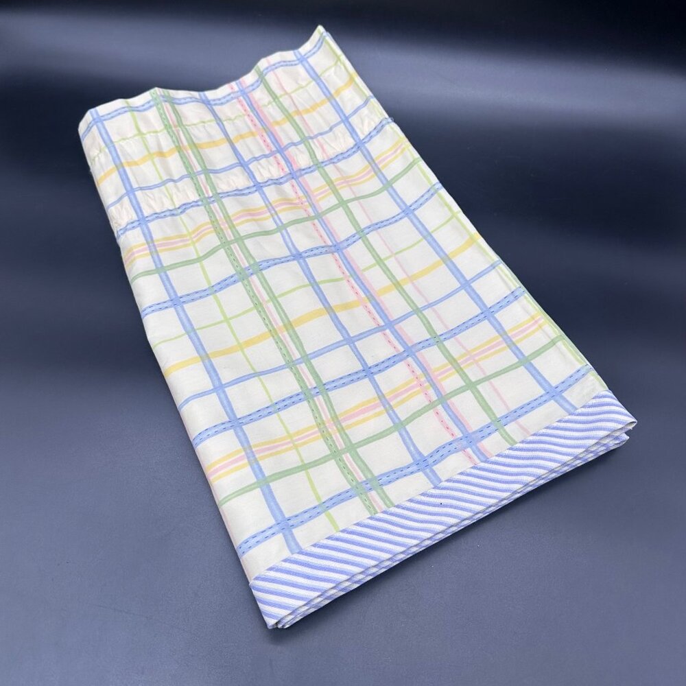 Vintage Curtain Topper Pastel Plaid Stripes Blue Yellow USA Cotton Cottagecore